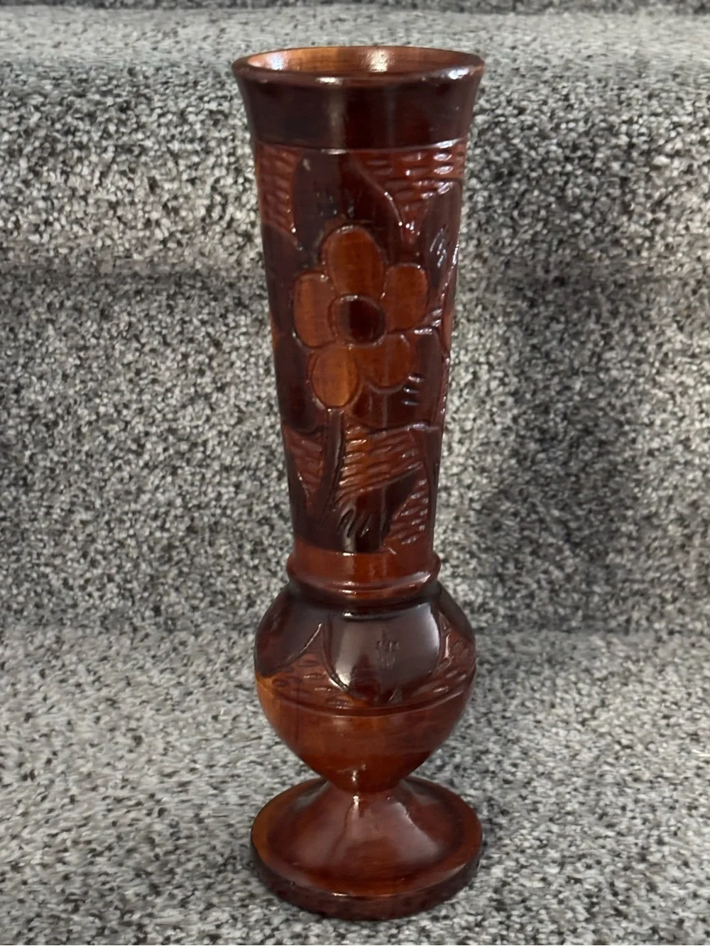 MCM Carved Wood Bud Vase, Hand Carved Floral Relief, Turned Baluster Foot